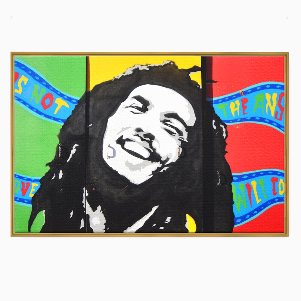 Tablou canvas cu tablou pictat cu portretul lui bob marley, in rama de aluminiu auriu